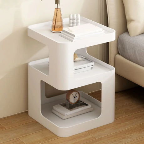 Square White Tray Top Storage End Table with Shelves Image - 1