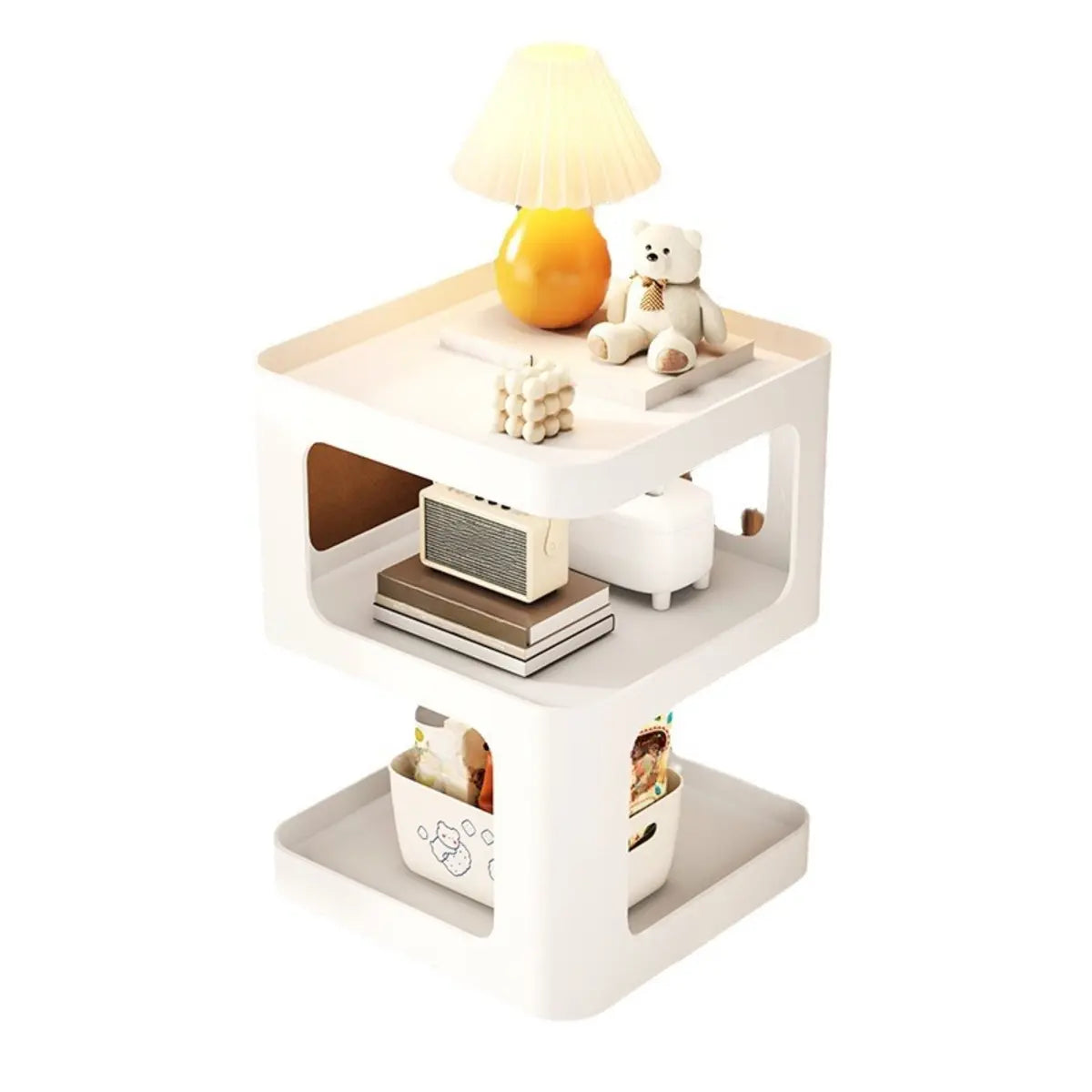 Square White Tray Top Storage End Table with Shelves Image - 11