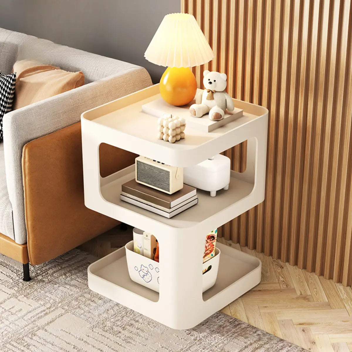 Square White Tray Top Storage End Table with Shelves Image - 12