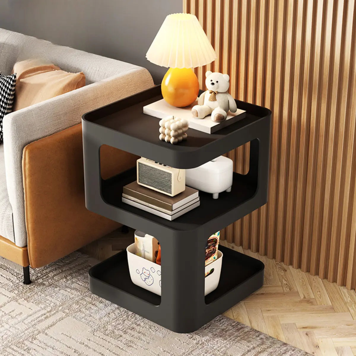 Square White Tray Top Storage End Table with Shelves Image - 13