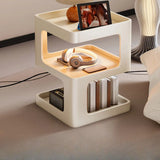 Square White Tray Top Storage End Table with Shelves Image - 5