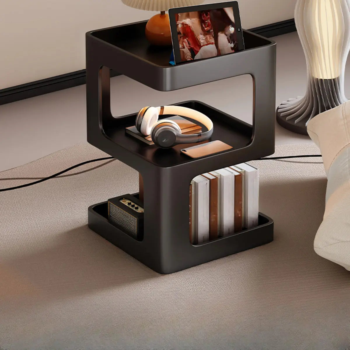 Square White Tray Top Storage End Table with Shelves Image - 8