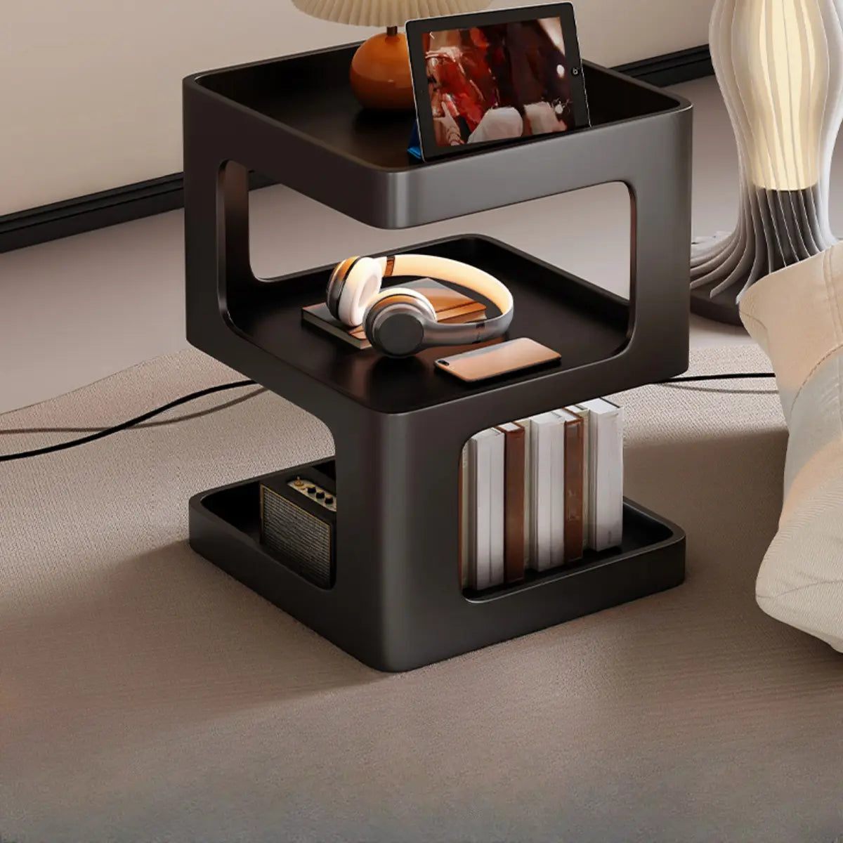 Square White Tray Top Storage End Table with Shelves Image - 9