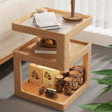 Square Wood 2 Tiers Cream Natural Storage Side Table Image - 1