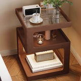 Square Wood 2 Tiers Cream Natural Storage Side Table Image - 2