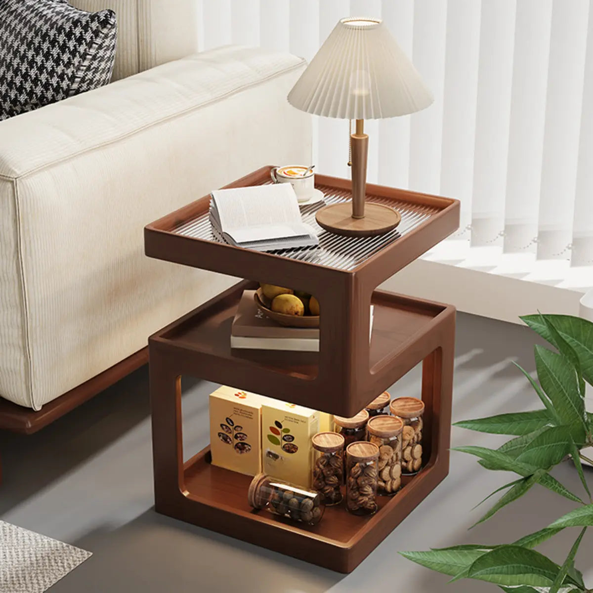 Square Wood 2 Tiers Cream Natural Storage Side Table Image - 7