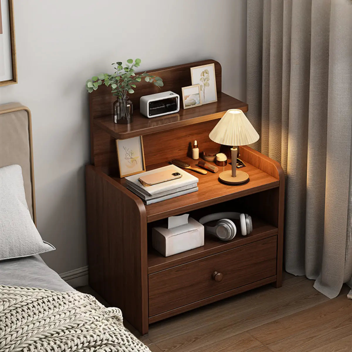 Square Wood Nut-Brown 2-Drawer Nightstand with Shelves Image - 10