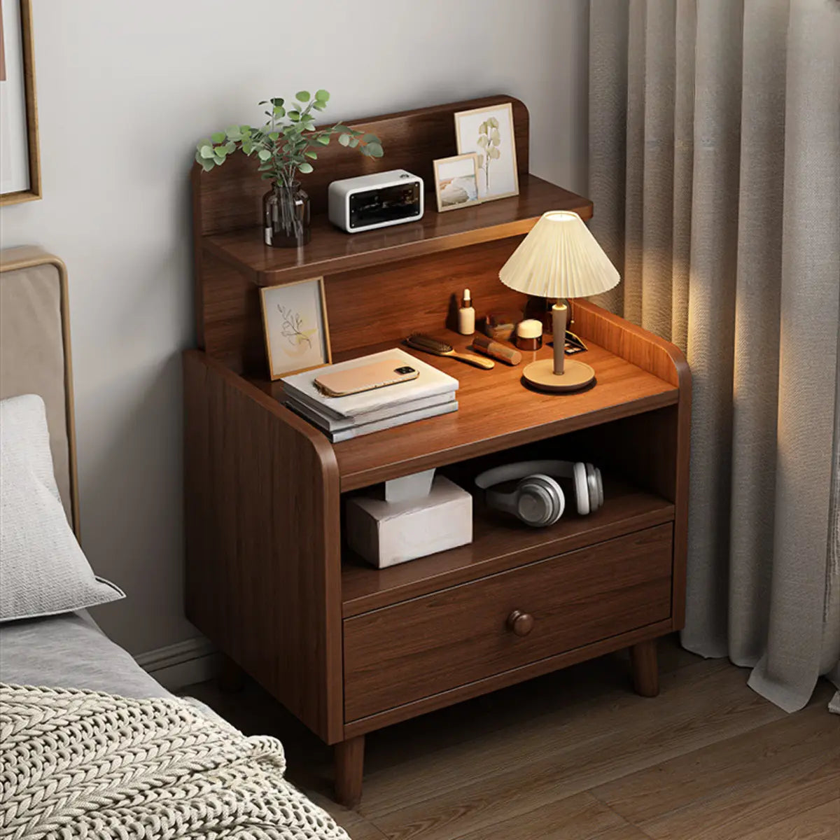 Square Wood Nut-Brown 2-Drawer Nightstand with Shelves Image - 7