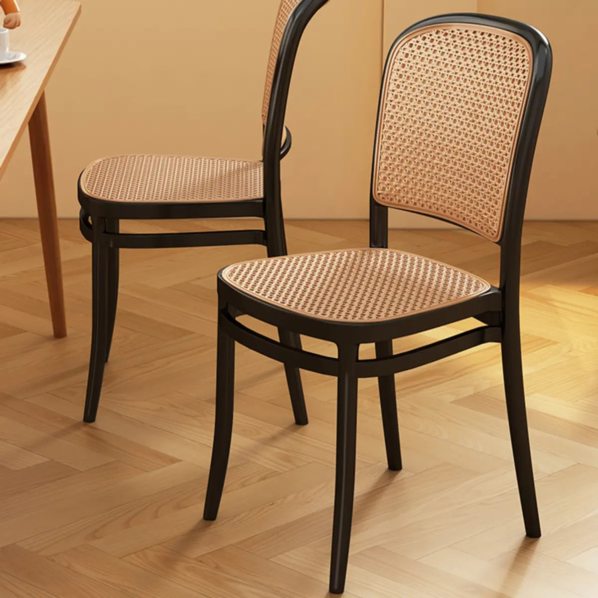 Stackable Natural Rattan Open Back Dining Chair Black Image - 6