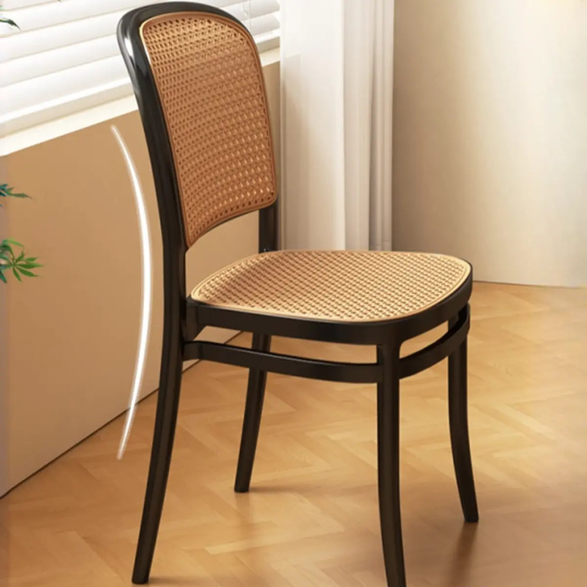 Stackable Natural Rattan Open Back Dining Chair Black Image - 7