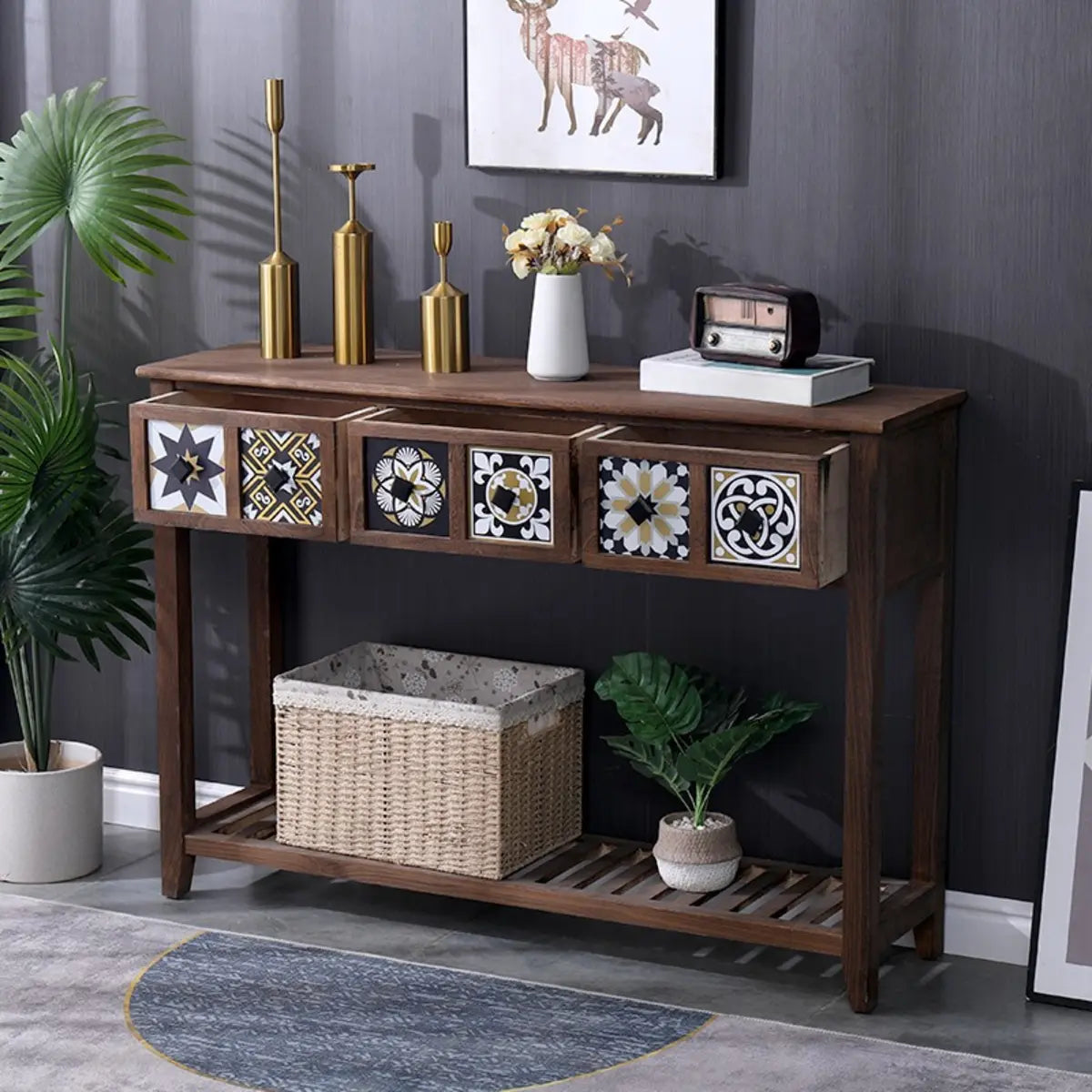 Stain Resistant Rectangular Wood Brown Storage Console Table Image - 25