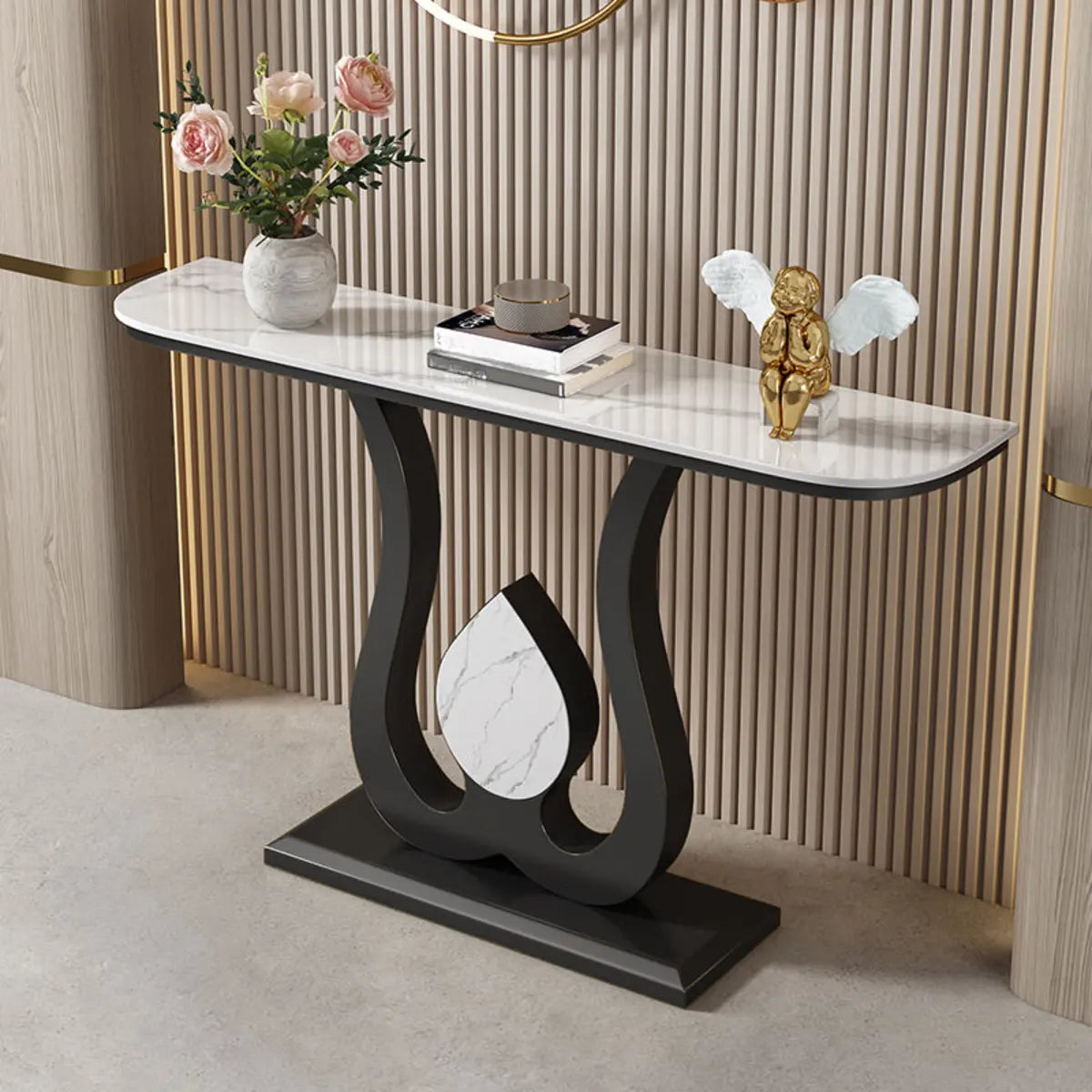 Stain Resistant Stone Black Metal Entryway Console Table Image - 2