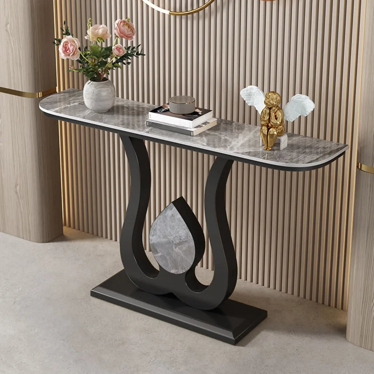 Stain Resistant Stone Black Metal Entryway Console Table Image - 5