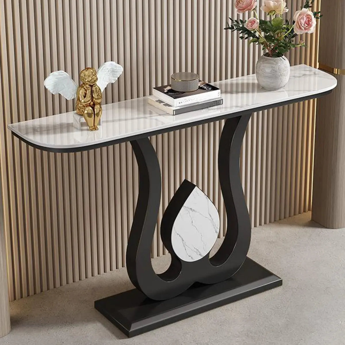 Stain Resistant Stone Black Metal Entryway Console Table Image - 8