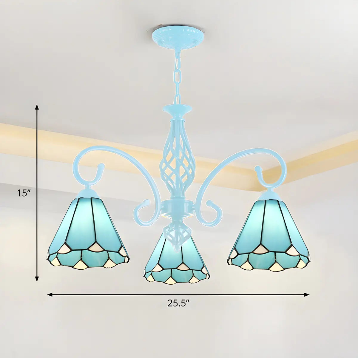 Stained Glass Curve Arm Large Down Blue Chandelier 