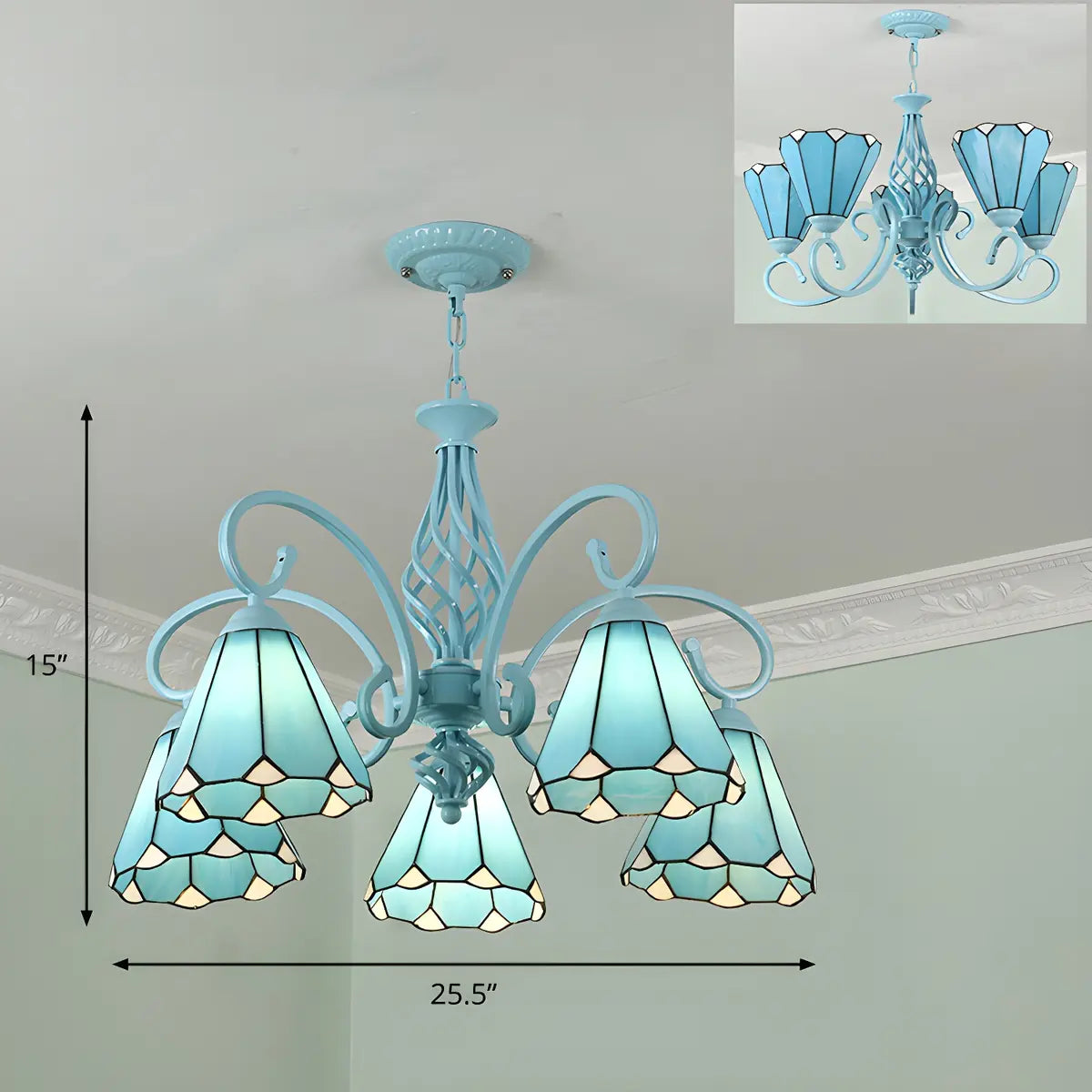 Stained Glass Curve Arm Large Down Blue Chandelier Image - 7