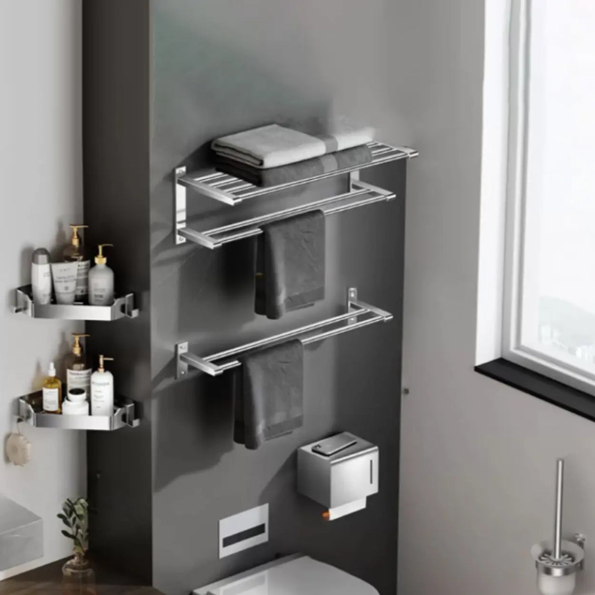 Stainless Steel Bathroom Hardware Set with Storage Racks Image - 12