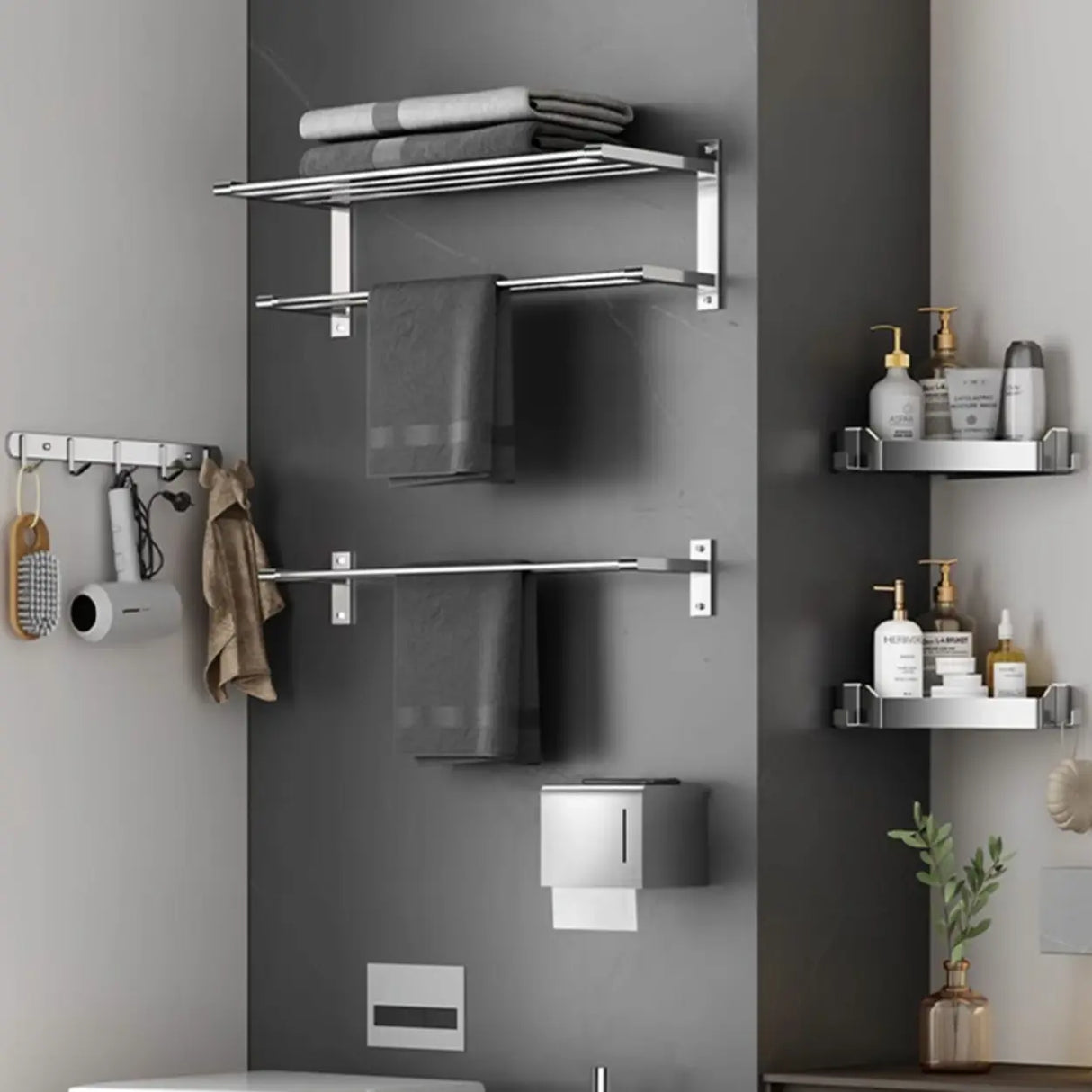 Stainless Steel Bathroom Hardware Set with Storage Racks Image - 23