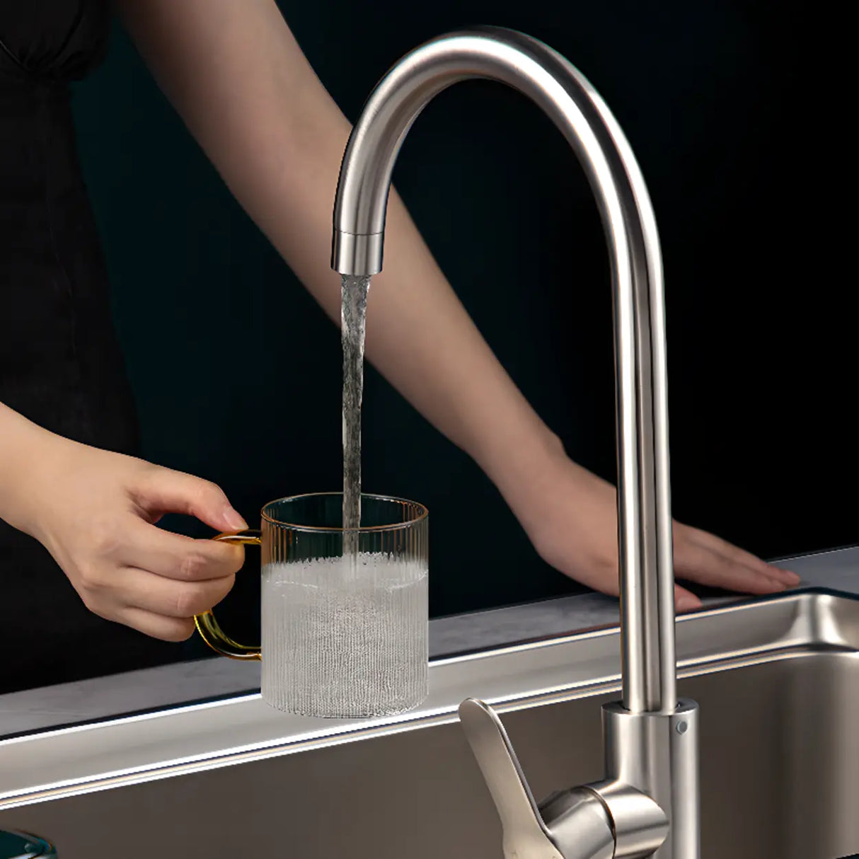 Stainless Steel Swivel Spout Supply Line Kitchen Faucet Image - 4