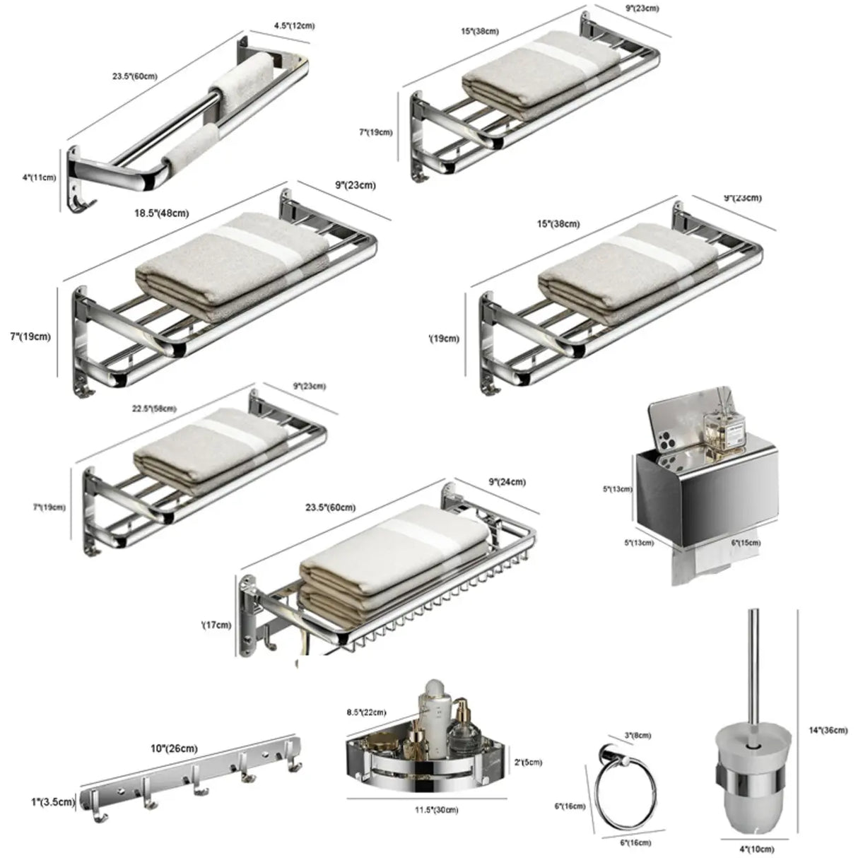 Stainless Steel Towel Rack Bathroom Storage Set with Hooks 