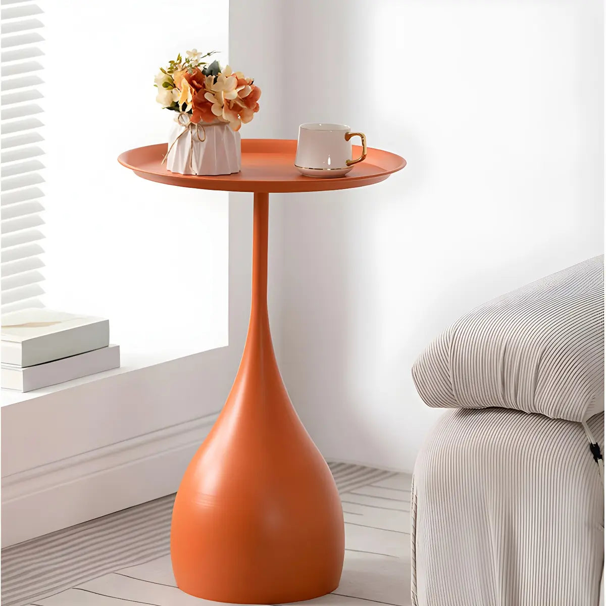 Standard Round Metal Orange Pedestal Tray Top Side Table Image - 3