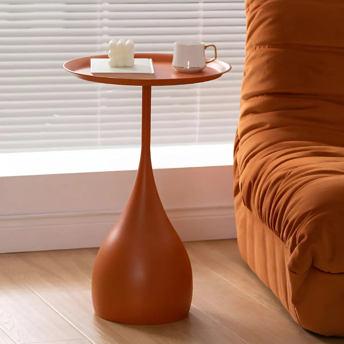 Standard Round Metal Orange Pedestal Tray Top Side Table Image - 6