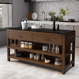 Stationary Black-Brown Wood Open Storage Kitchen Island Image - 1