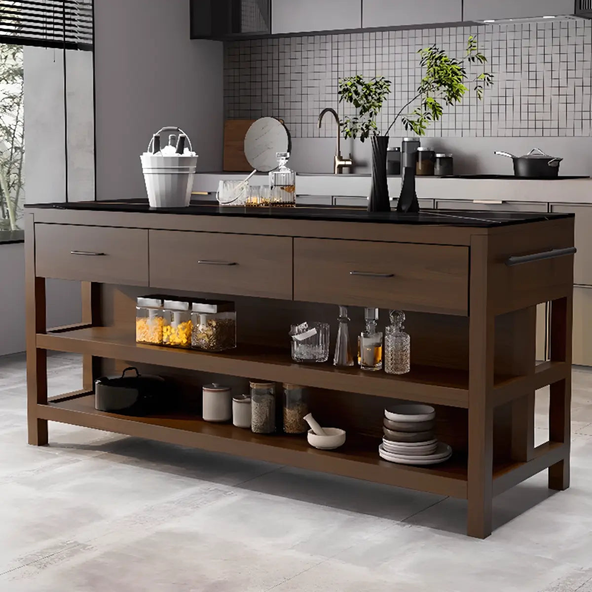 Stationary Black-Brown Wood Open Storage Kitchen Island Image - 2