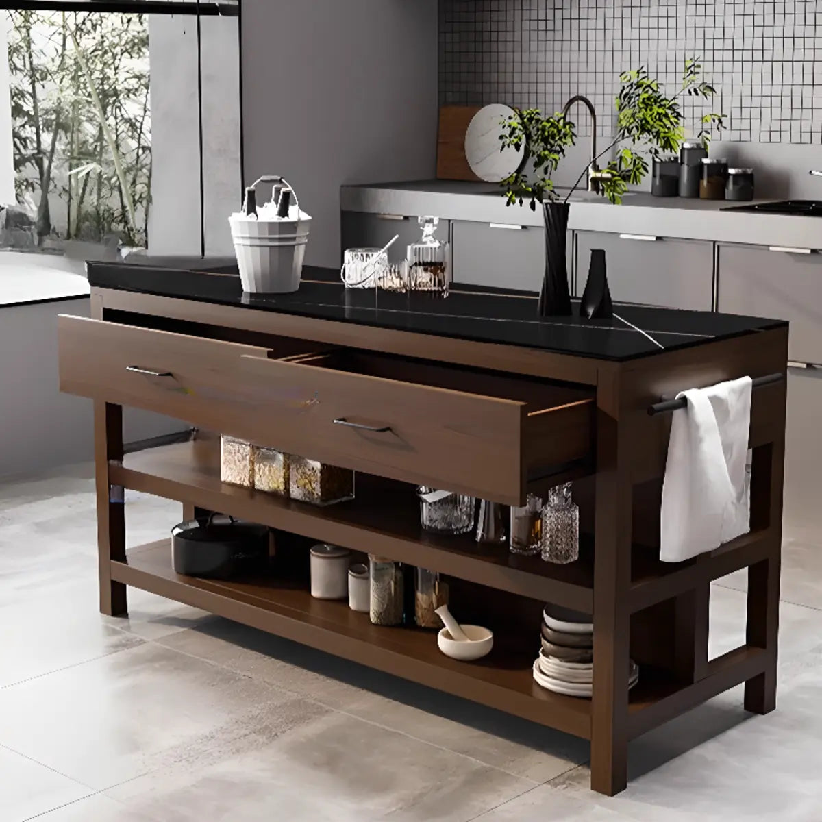 Stationary Black-Brown Wood Open Storage Kitchen Island Image - 4