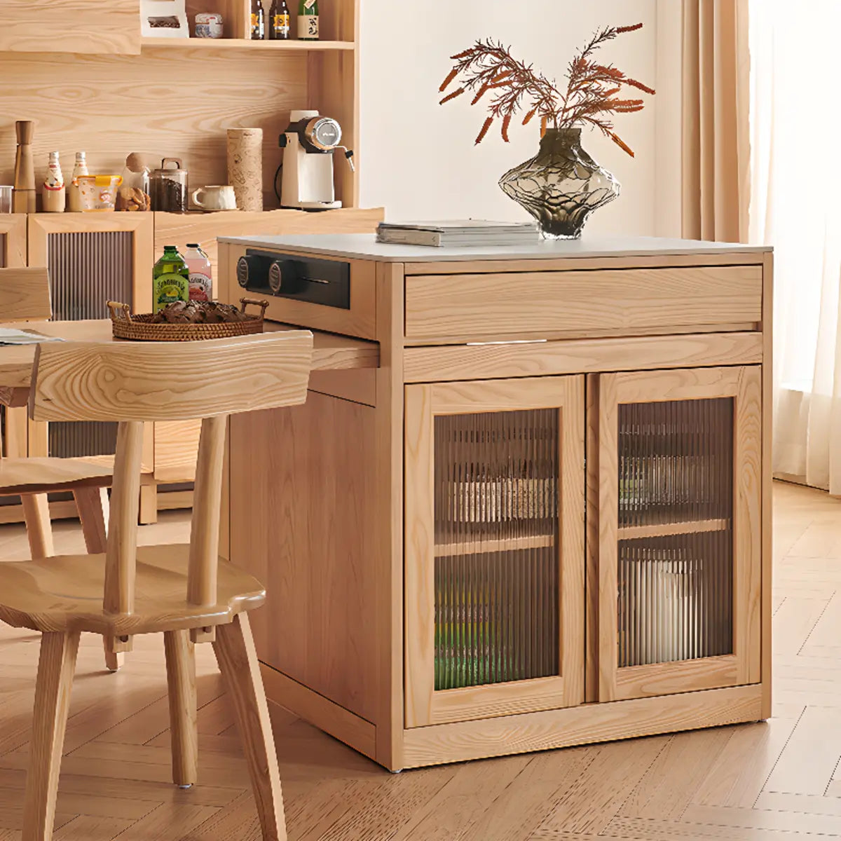 Stationary Natural Storage Rectangle Oak Kitchen Island Image - 3