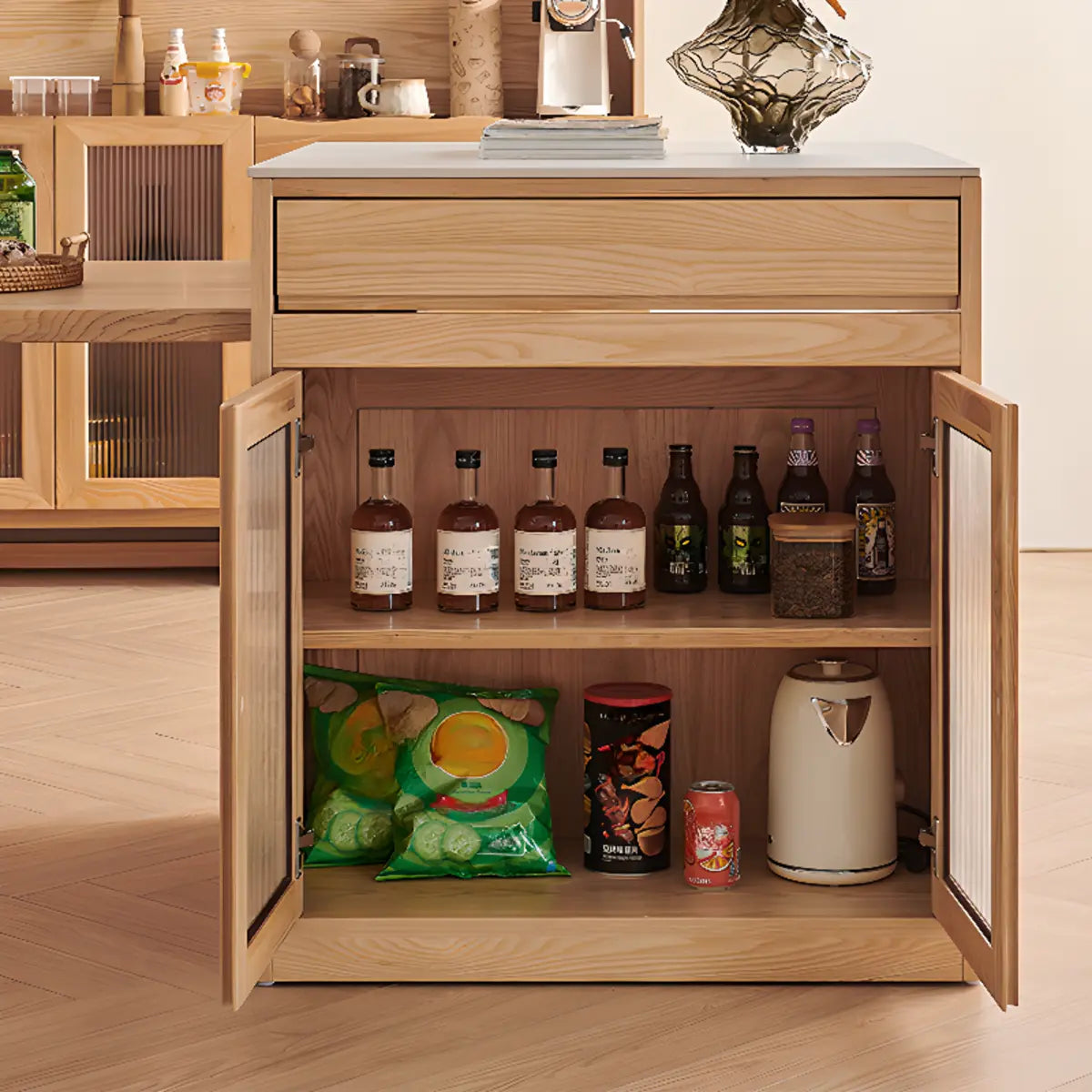 Stationary Natural Storage Rectangle Oak Kitchen Island Image - 4