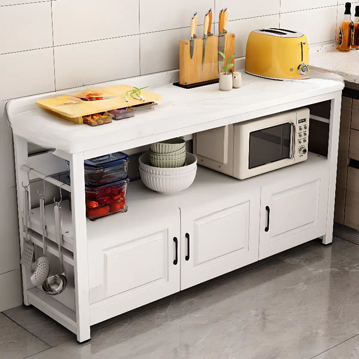 Stationary Rectangle Stone White Kitchen Island with Storage Image - 3