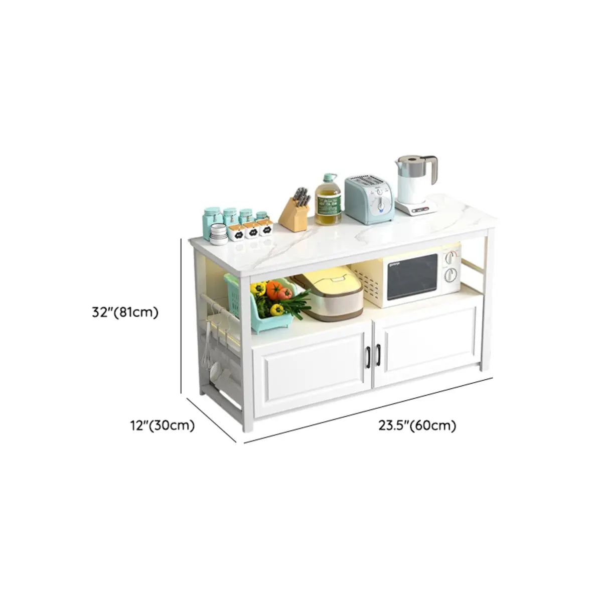 Stationary Rectangle White Stone Kitchen Island with Storage 