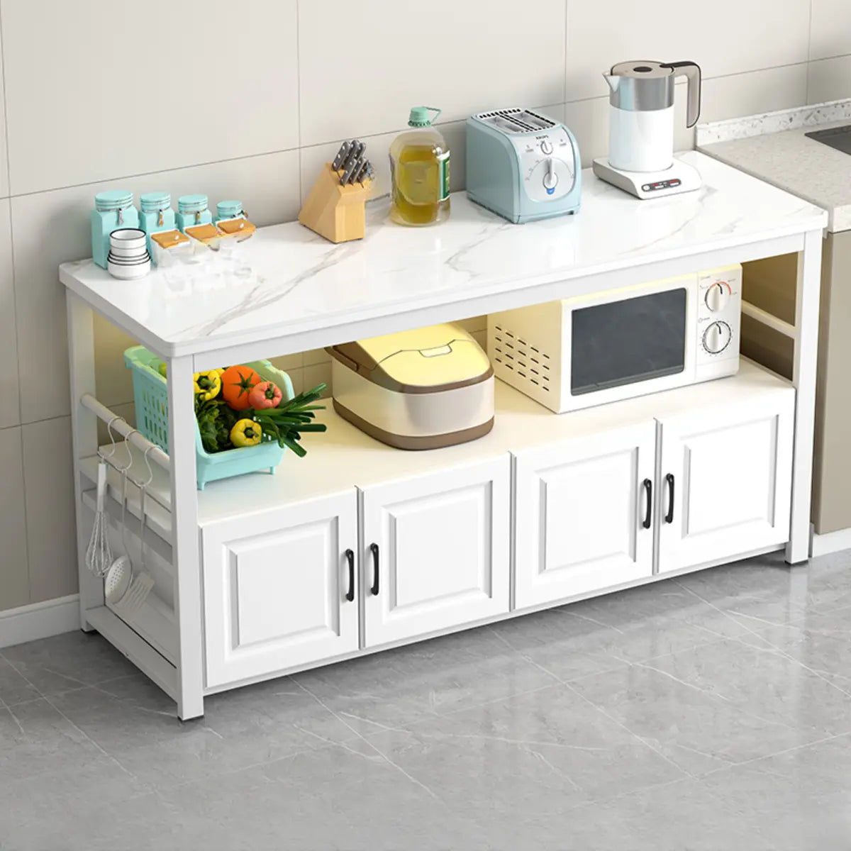 Stationary Rectangle White Stone Kitchen Island with Storage Image - 3