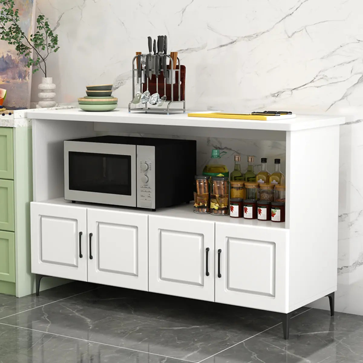 Stationary Rectangle White Wood Kitchen Island with Storage Image - 2