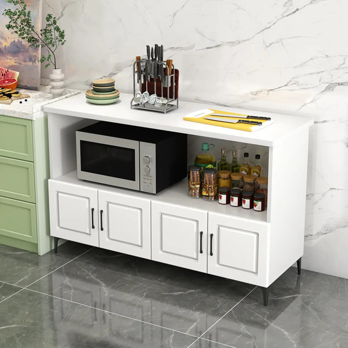 Stationary Rectangle White Wood Kitchen Island with Storage Image - 4