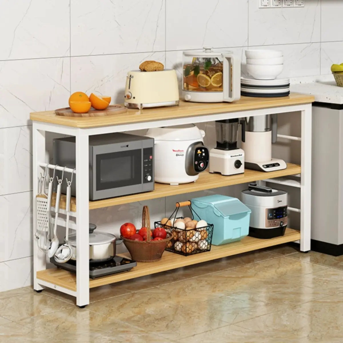 Stationary Rectangle Wood White Open Storage Kitchen Island Image - 1