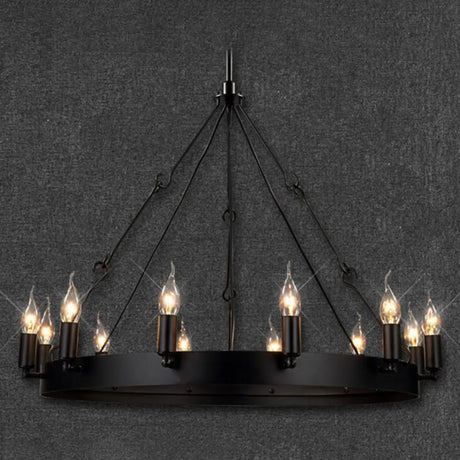 Steampunk Circular Black Metal Dining Room Large Chandelier Image - 2