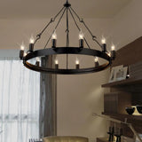 Steampunk Circular Black Metal Dining Room Large Chandelier Image - 4