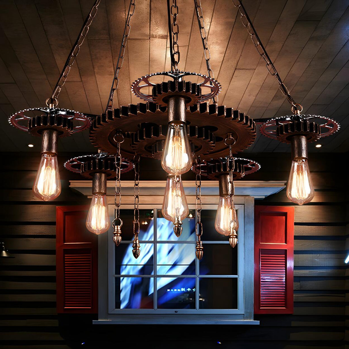 Steampunk Industrial Restaurant Gear Edison Bulb Chandelier Image - 1