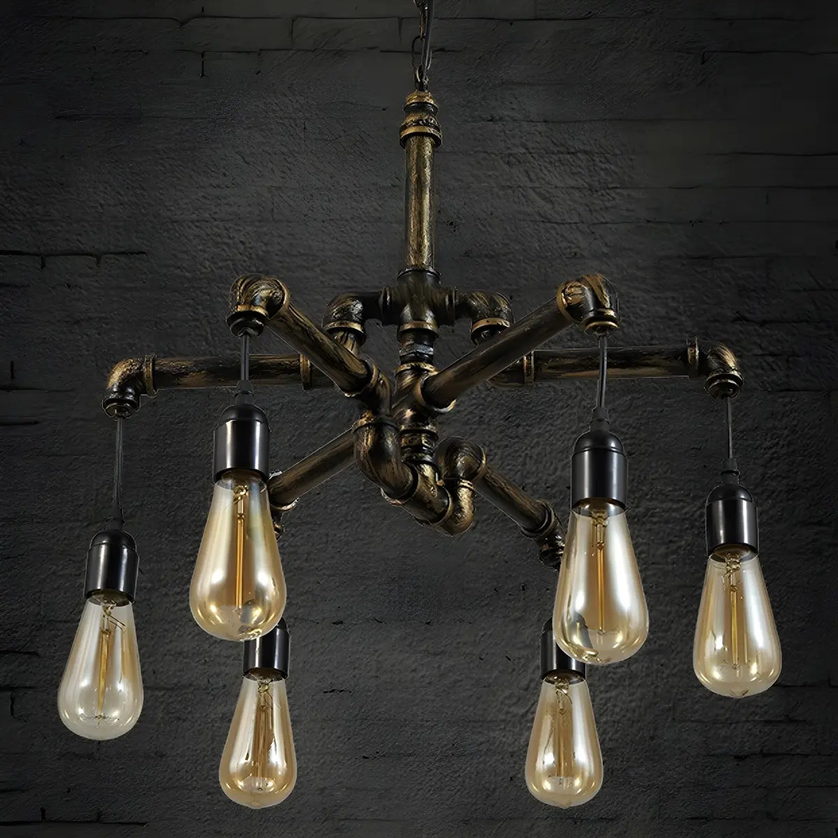 Steampunk Pipe Brass Metal Medium Edison Bulb Chandelier Image - 2