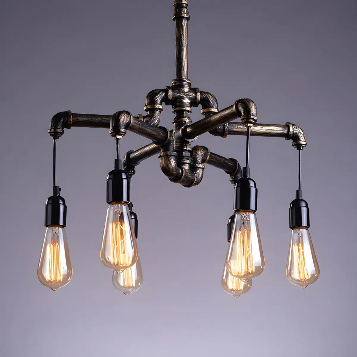 Steampunk Pipe Brass Metal Medium Edison Bulb Chandelier Image - 4