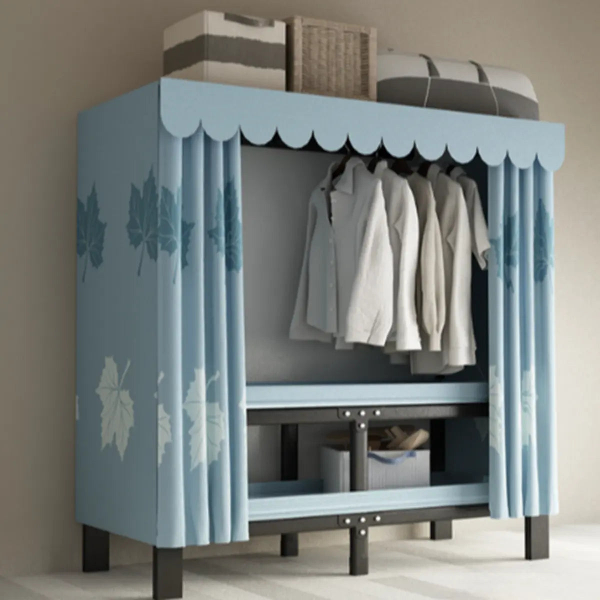 Steel Blue 2-Shelf Wardrobe with Leaf Design Curtain Image - 1