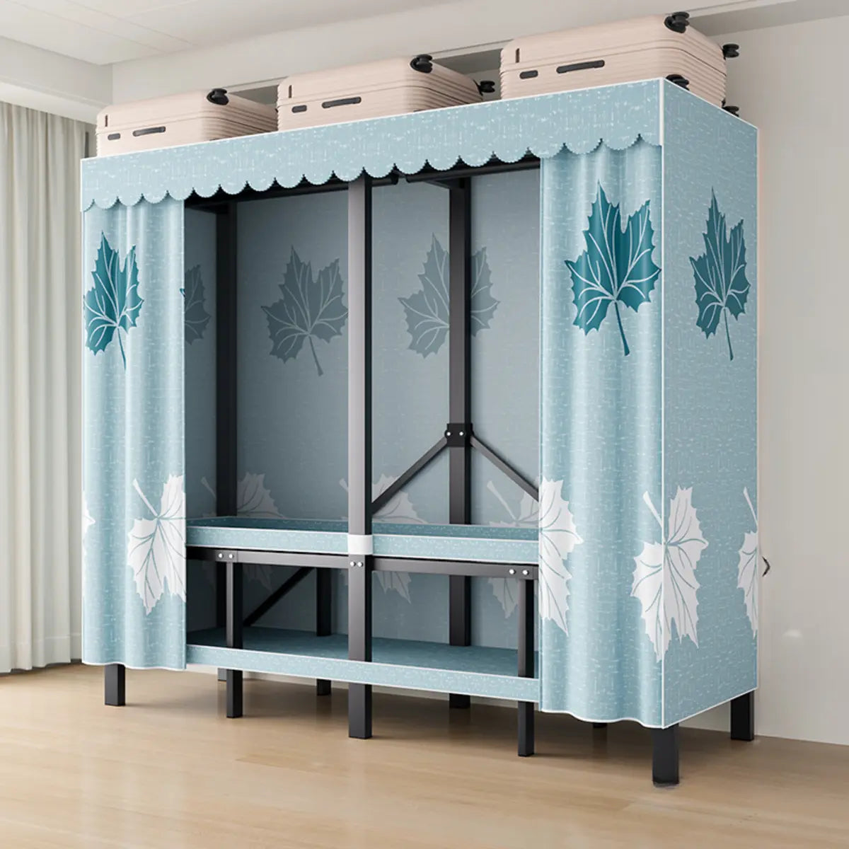 Steel Blue 2-Shelf Wardrobe with Leaf Design Curtain Image - 15