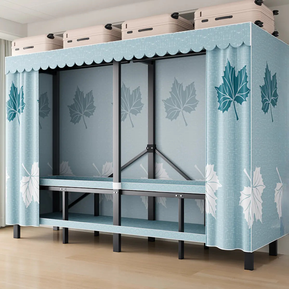 Steel Blue 2-Shelf Wardrobe with Leaf Design Curtain Image - 19