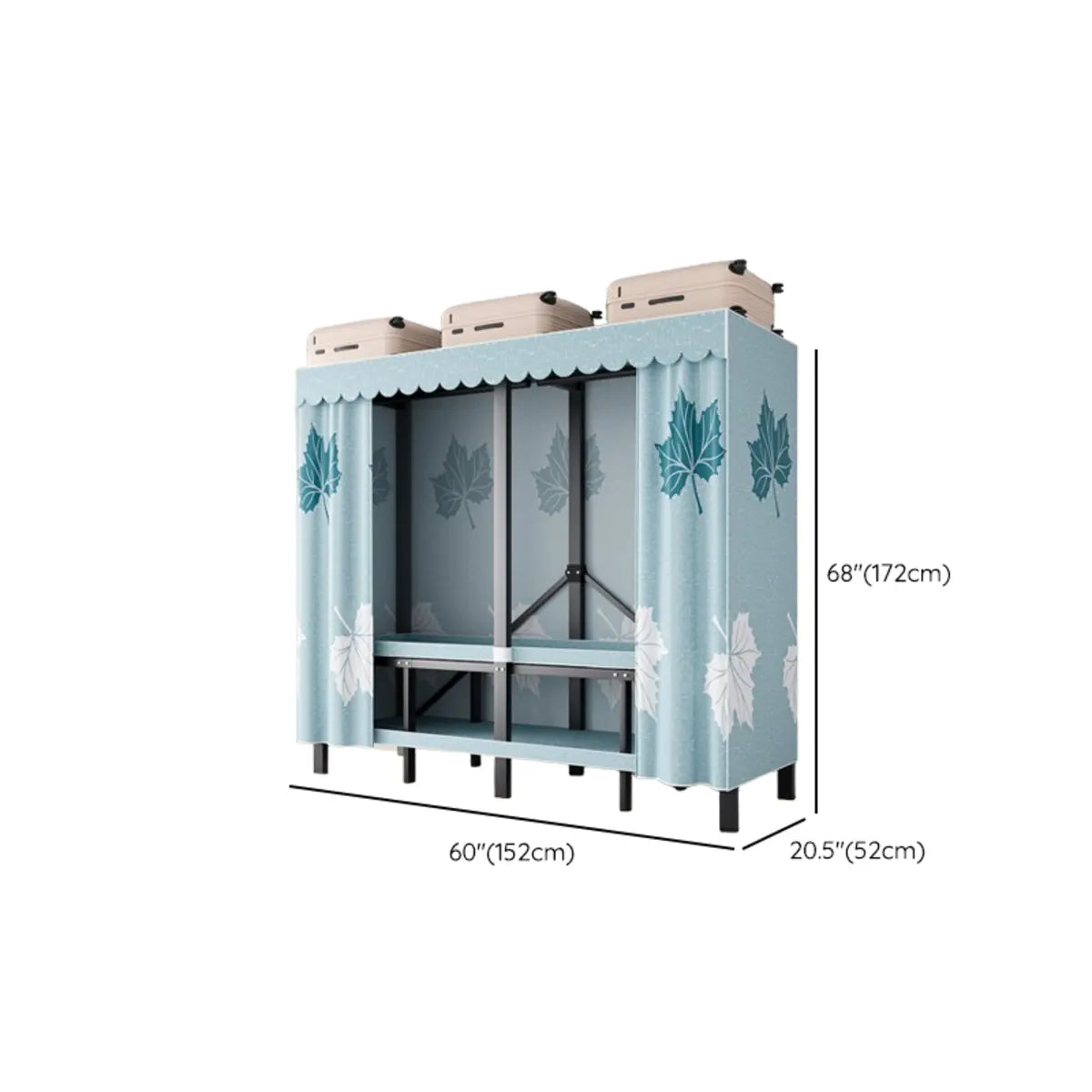 Steel Blue 2-Shelf Wardrobe with Leaf Design Curtain Image - 25