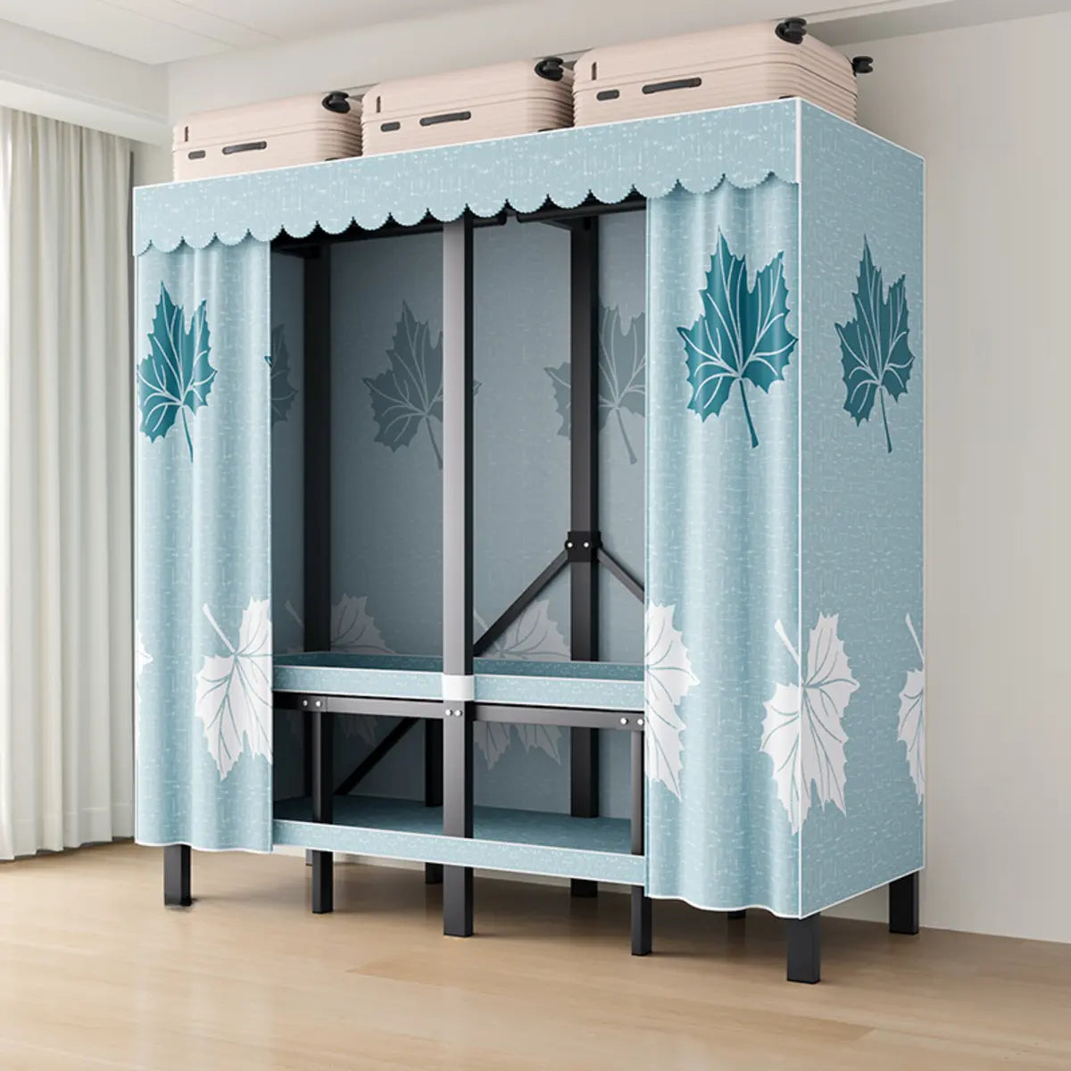 Steel Blue 2-Shelf Wardrobe with Leaf Design Curtain Image - 5