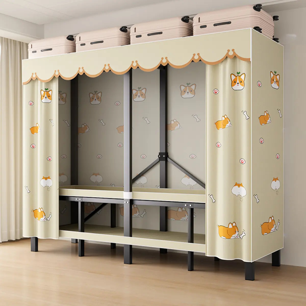 Steel Blue 2-Shelf Wardrobe with Leaf Design Curtain Image - 6