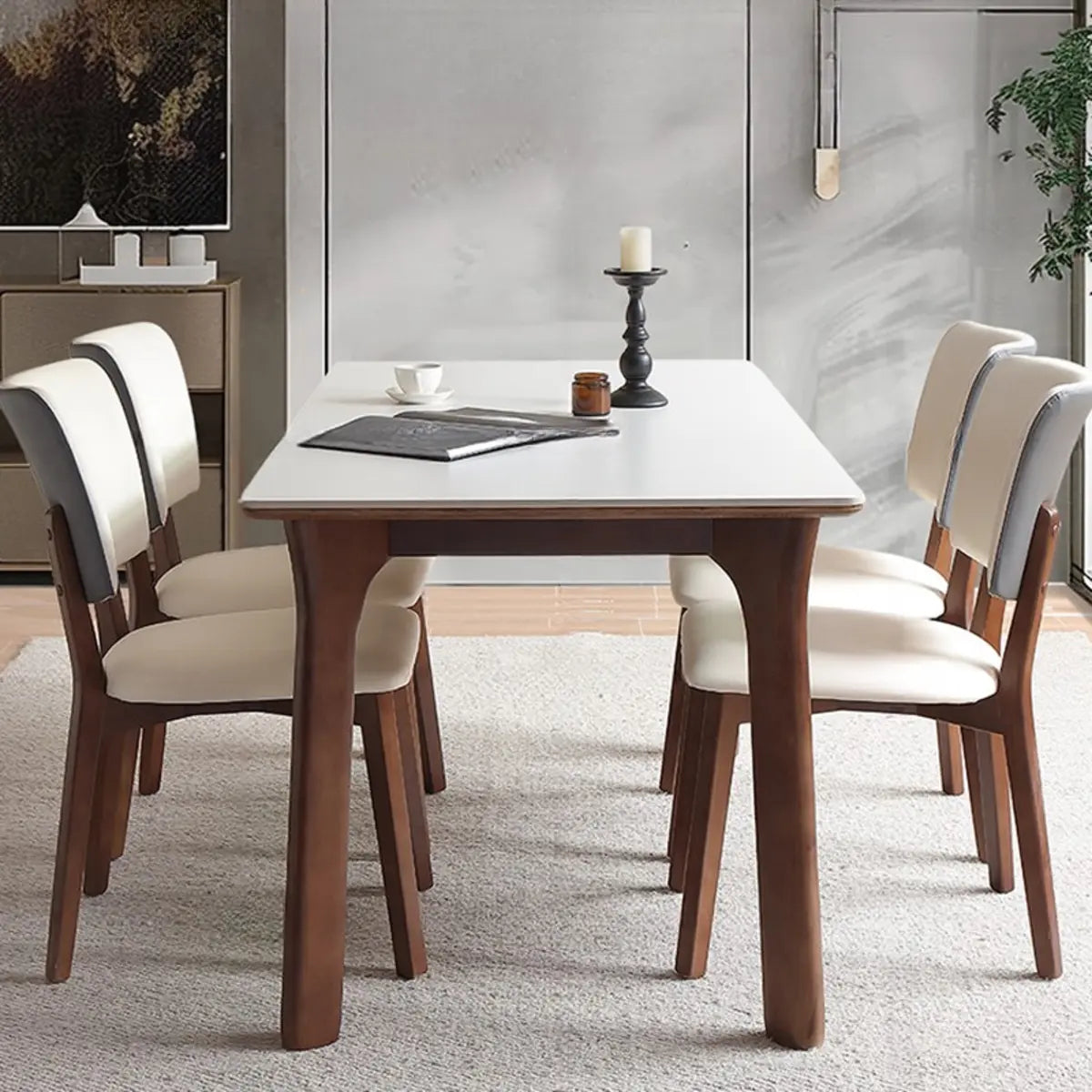 Stone Top Rectangle Wood Base Dining Set with Chairs Image - 1