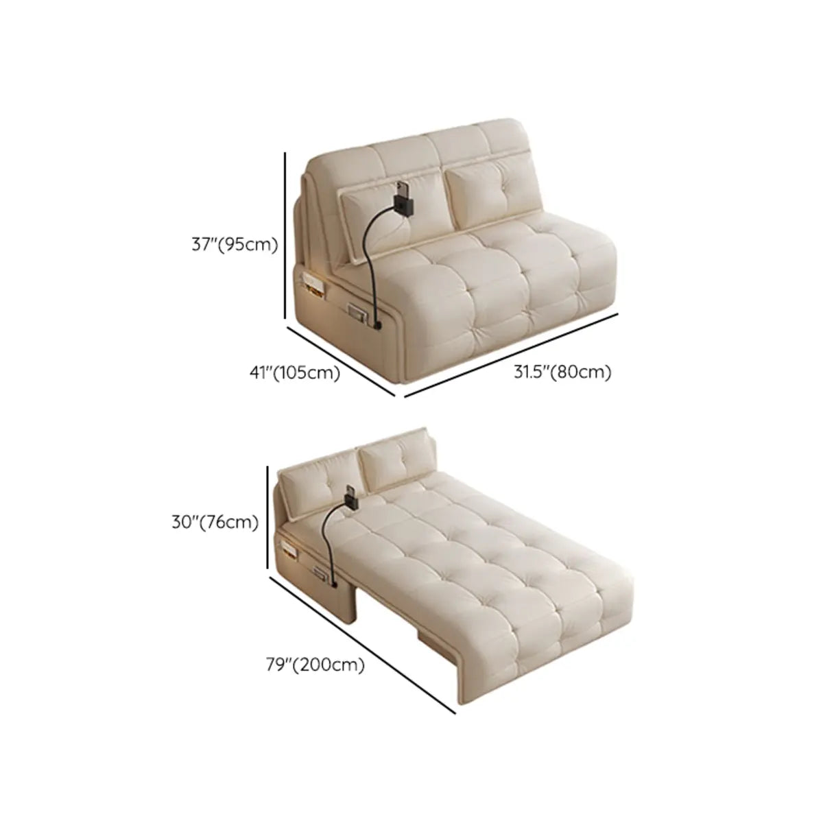 Storage Pocket Pillow Back White Tufted Convertible Futon Image - 12